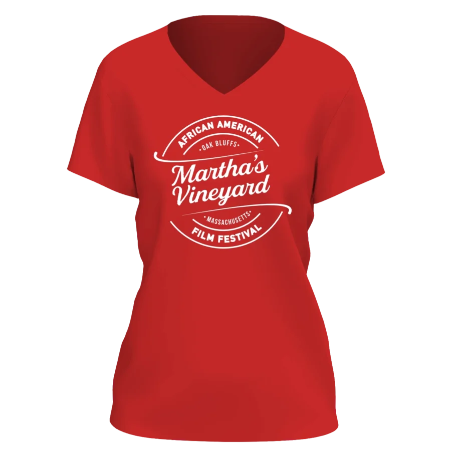 Women's Red V-Neck Fitted T-Shirt with Circular Logo